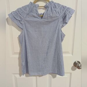 NWT. Blue and White Striped Ruffle Sleeve Top
